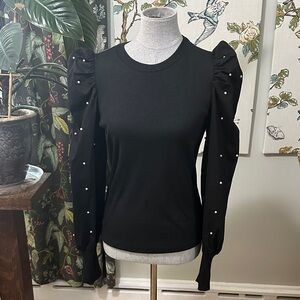 Dolan Black Pearl Bead Accent Top Ribbed Body Puff Sleeves NWT Size Medium